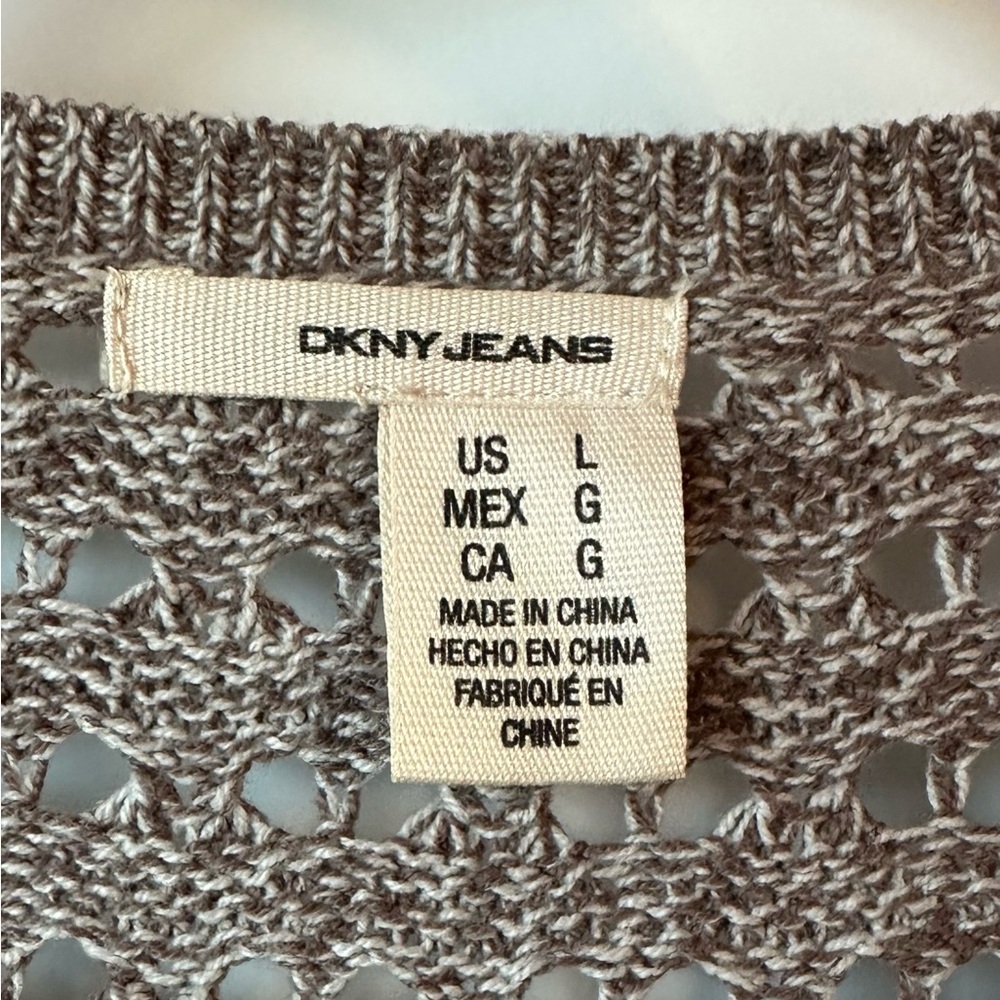 🤎 DKNY Jeans Crochet Knit Cardigan Sweater Taupe Brown Size L - Picture 2 of 4